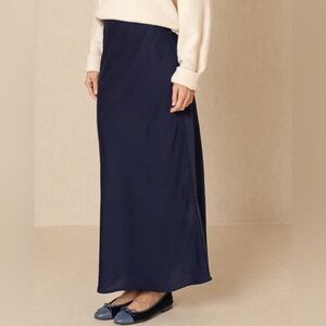 NWT The Cause Collection 100% Silk Midi Skirt Navy Side‎ Zip Elastic Back